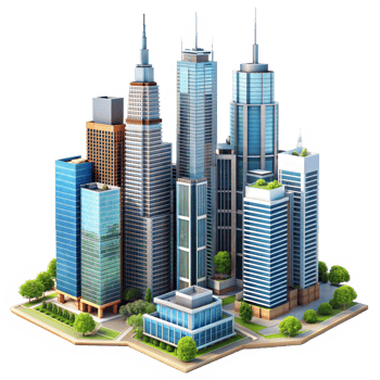 Modern city skyscrapers with green spaces and trees png