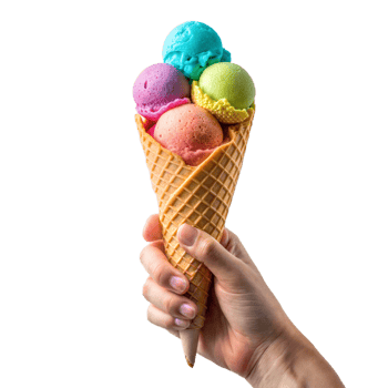 Hand holding colorful ice cream cone with multiple scoops png