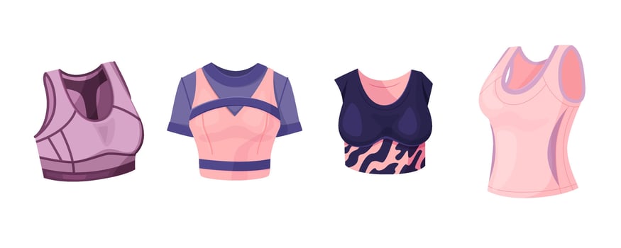 Various sports bras and athletic tops. vector