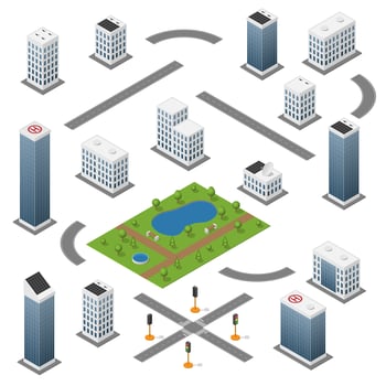 Set of isometric buildings, roads, park vector