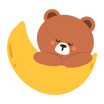 cute hand drawing cartoon bear sleeping on the moon, cute animal sticker, doodle vector