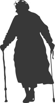 silhouette elderly woman with walking stick full body black color only vector