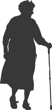 silhouette elderly woman with walking stick full body black color only vector
