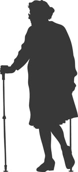 silhouette elderly woman with walking stick full body black color only vector