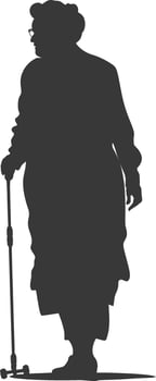 silhouette elderly woman with walking stick full body black color only vector