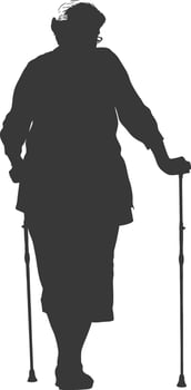 silhouette elderly woman with walking stick full body black color only vector