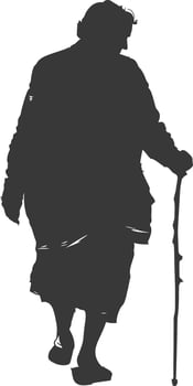 silhouette elderly woman with walking stick full body black color only vector