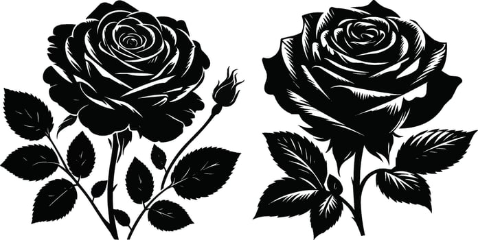 Set of decorative rose flowers with leaves black silhouette of isolated on a white background vector