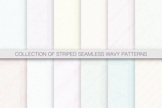 Collection of delicate seamless striped wave patterns - repeatable light backgrounds. Wavy linear white textures. Minimalistic textile prints with lines vector