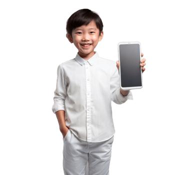 Happy child holding a smartphone displaying empty screen png