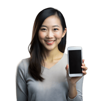 Smiling woman showing smartphone with black screen on transparent background png