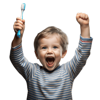 Excited child celebrating with toothbrush in hand png