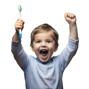 Happy child holding toothbrush celebrating good dental health png