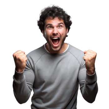 Excited man celebrating victory with fists raised png