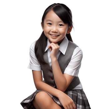 Smiling schoolgirl in uniform posing with hand on chin png
