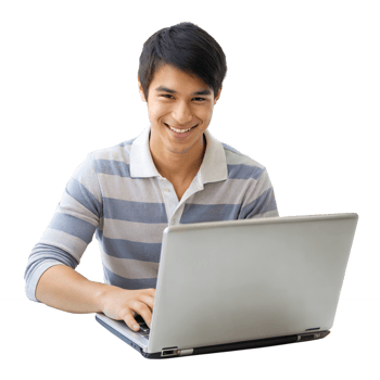 Smiling young man working on laptop wearing striped shirt png