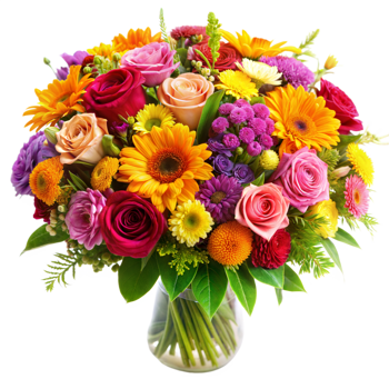 Beautiful flower bouquet in a glass vase on transparent background png