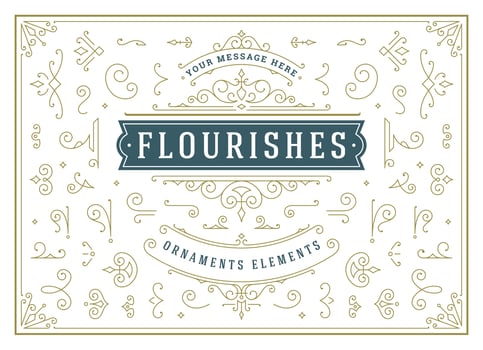Vintage ornaments swirls and scrolls decorations design elements set, flourish ornate calligraphic combinations vector