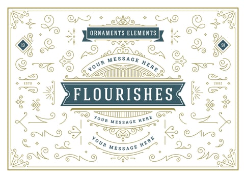 Vintage ornaments swirls and scrolls decorations design elements set, flourish ornate calligraphic combinations vector