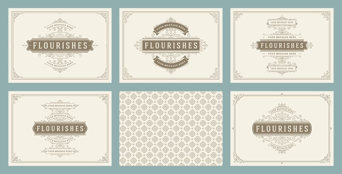 Vintage ornament greeting cards set templates flourish ornate frames and pattern background illustration vector