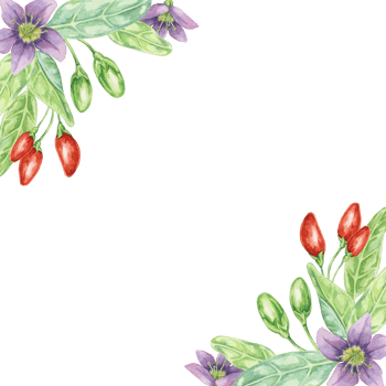 Red goji berries, lilac flowers and green leaves corner frame design. Hand-drawn watercolor illustration for DIY printing, greeting card making, quote, gift tag, label, postcard, square flyer template png