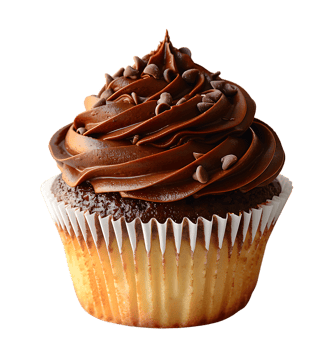 A cupcake with chocolate frosting and a picture of a cupcake. on isolated background png