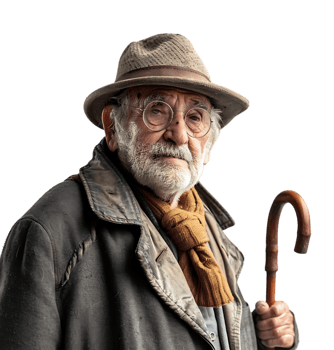 An old man with a cane and a hat on it on isolated transparent background png