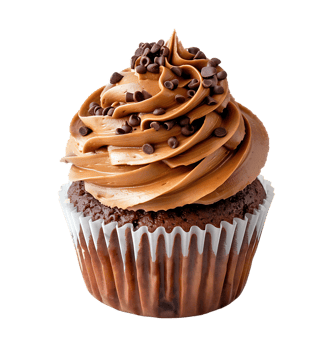 A cupcake with chocolate frosting and a picture of a cupcake. on isolated background png