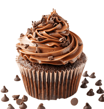 A cupcake with chocolate frosting and a picture of a cupcake. on isolated background png