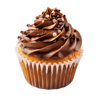 A cupcake with chocolate frosting and a picture of a cupcake. on isolated background png