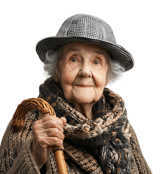 An old woman with a cane and a hat on it on isolated transparent background png