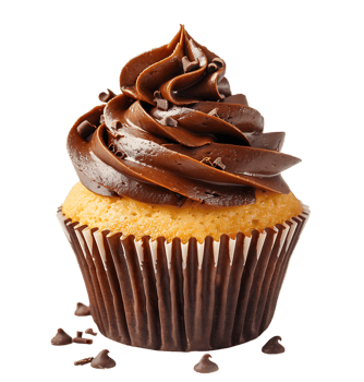 A cupcake with chocolate frosting and a picture of a cupcake. on isolated background png