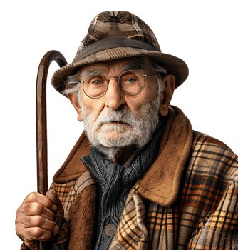 An old man with a cane and a hat on it on isolated transparent background png