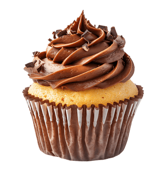 A cupcake with chocolate frosting and a picture of a cupcake. on isolated background png