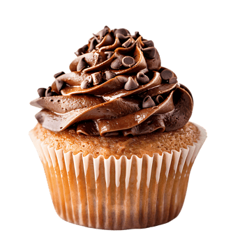 A cupcake with chocolate frosting and a picture of a cupcake. on isolated background png