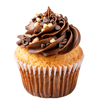 A cupcake with chocolate frosting and a picture of a cupcake. on isolated background png