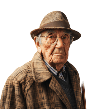 An old man with a cane and a hat on it on isolated transparent background png