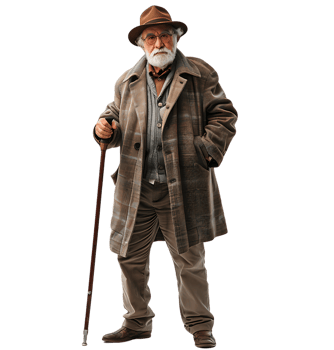 An old man with a cane and a hat on it on isolated transparent background png