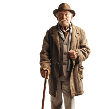 An old man with a cane and a hat on it on isolated transparent background png
