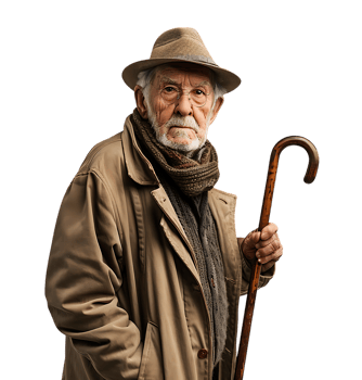 An old man with a cane and a hat on it on isolated transparent background png