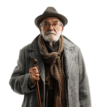 An old man with a cane and a hat on it on isolated transparent background png