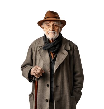 An old man with a cane and a hat on it on isolated transparent background png