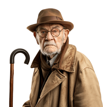 An old man with a cane and a hat on it on isolated transparent background png