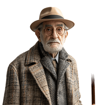 An old man with a cane and a hat on it on isolated transparent background png