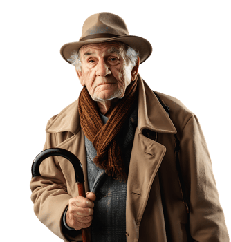 An old man with a cane and a hat on it on isolated transparent background png