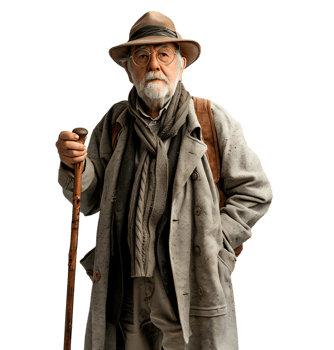 An old man with a cane and a hat on it on isolated transparent background png