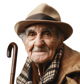 An old man with a cane and a hat on it on isolated transparent background png