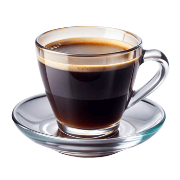 Clear glass cup filled with hot black coffee on saucer png