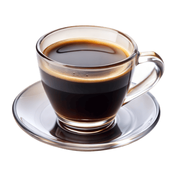 Hot black coffee in a glass cup on saucer png