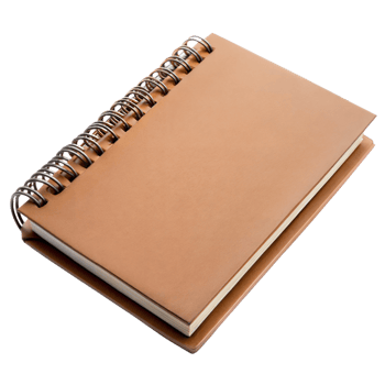 Close-up of a spiral-bound brown leather notebook png